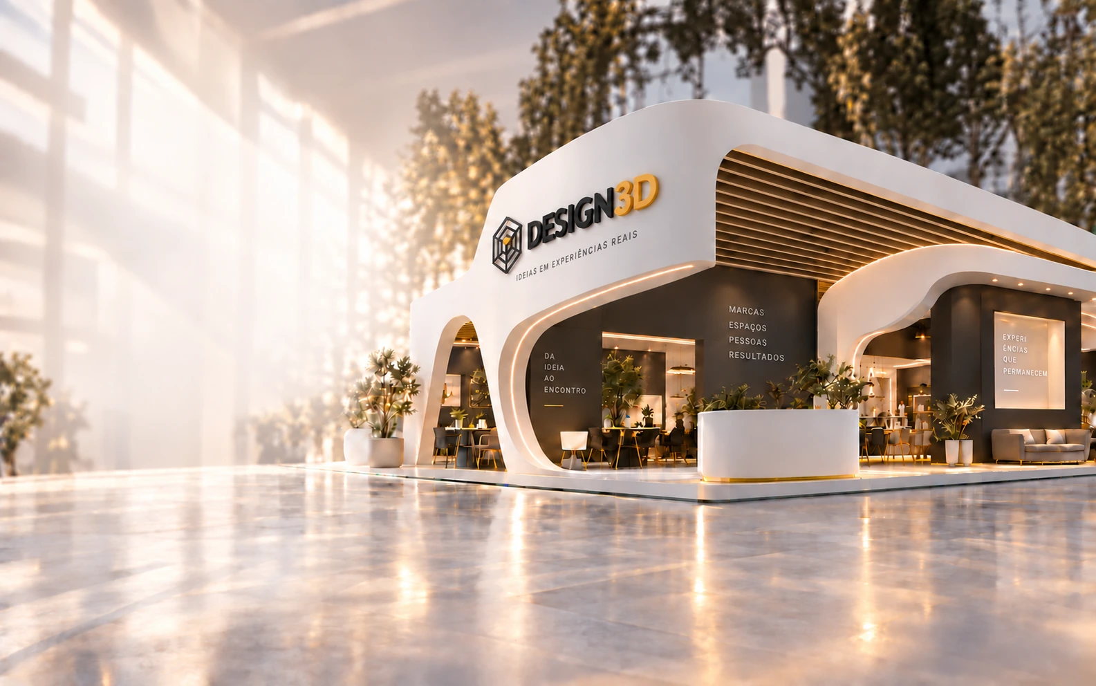 Projeto 3D de stand cenográfico DESIGN3D com arquitetura curva e iluminação integrada